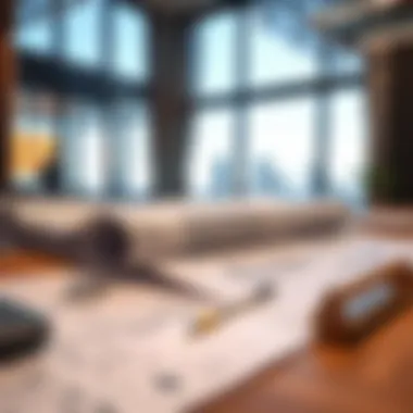 Blueprints and architectural plans on a desk