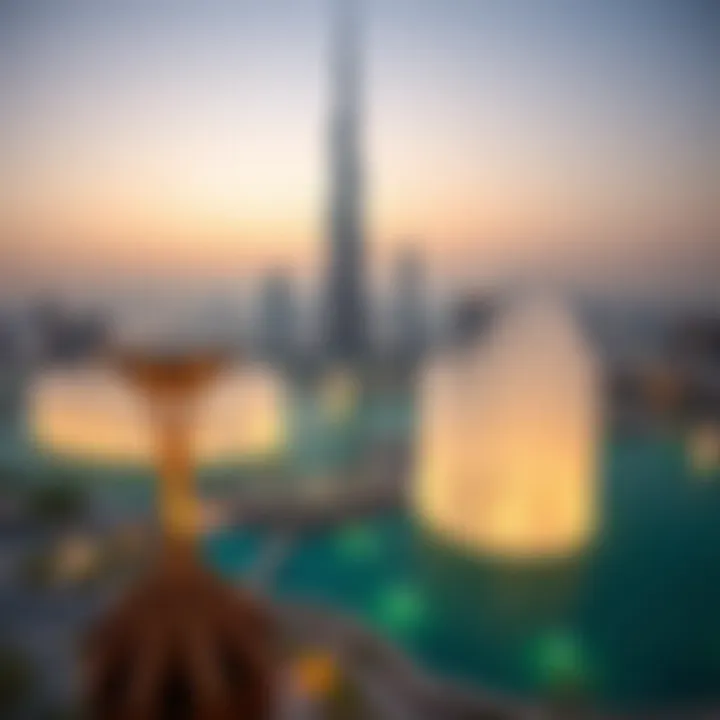 A panoramic view of the Burj Khalifa and its surrounding fountains