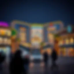 A breathtaking view of the Dubai Mall with its illuminated facade at night.