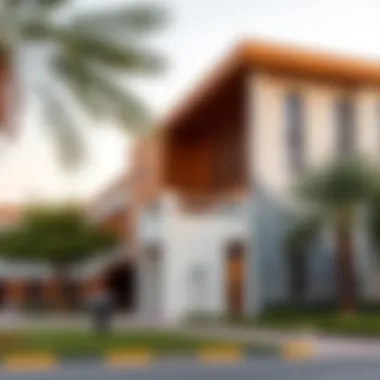 Exterior view of a modern school building in Dubai Land