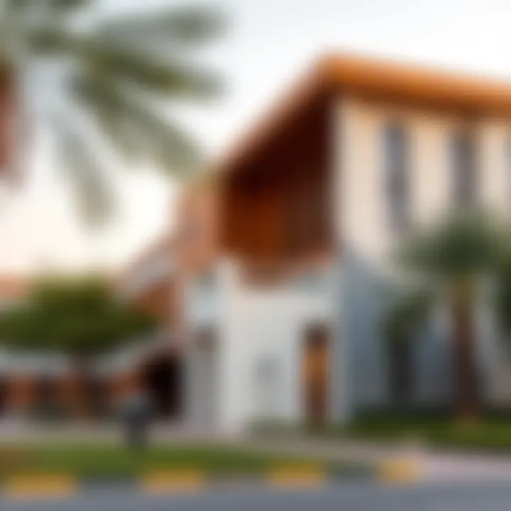 Exterior view of a modern school building in Dubai Land