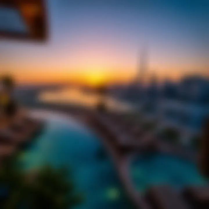 Spectacular sunset view from Bulgari Resort overlooking the Dubai skyline