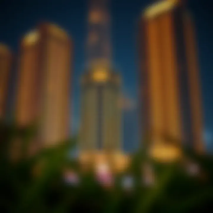 Dubai's Mandarin Buildings at Night Night view of Mandarin buildings illuminated in Dubai