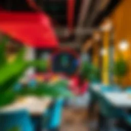 A modern coworking space interior with vibrant decor