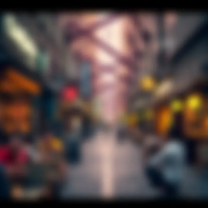 Vibrant street life scene on Du Hamdan Street with various cafes and shops