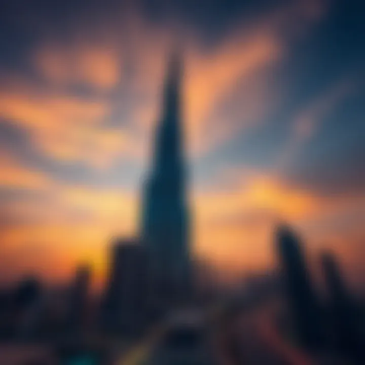 Burj Khalifa soaring against a sunset sky