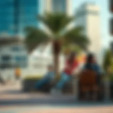 Recreational area in Dubai City Walk with families enjoying outdoor activities