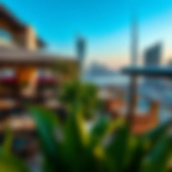 A vibrant outdoor dining terrace surrounded by the stunning skyline of Dubai