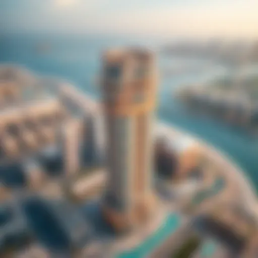 Aerial view showcasing the architectural design of Dubai Wharf Tower 2, Block 2