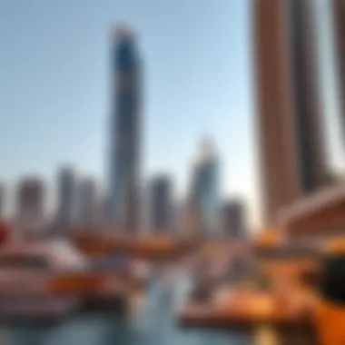 A panoramic view of Dubai Marina featuring a cluster of modern skyscrapers