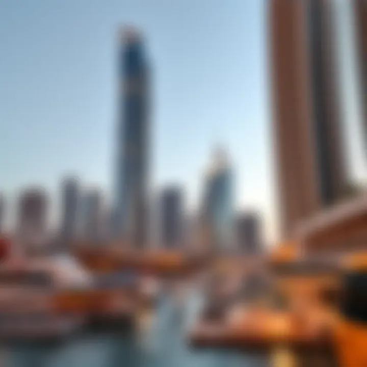A panoramic view of Dubai Marina featuring a cluster of modern skyscrapers