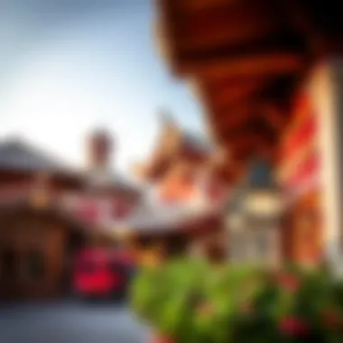 A close-up of the vibrant cultural pavilions representing various nations