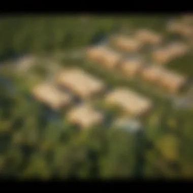 An aerial view of the residential areas surrounded by lush greenery