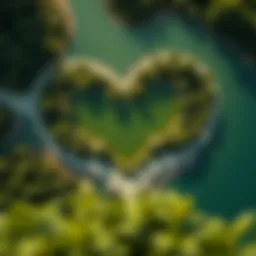 Aerial view of Love Lake Qudra showcasing its heart shape surrounded by lush greenery.