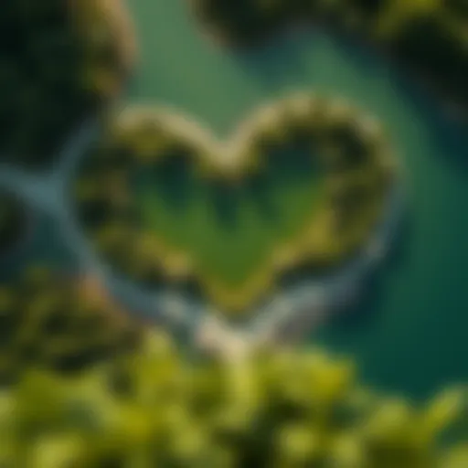 Aerial view of Love Lake Qudra showcasing its heart shape surrounded by lush greenery.