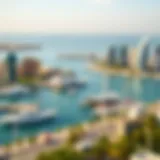 A panoramic view of Dubai Maritime City showcasing its skyline and waterfront activities