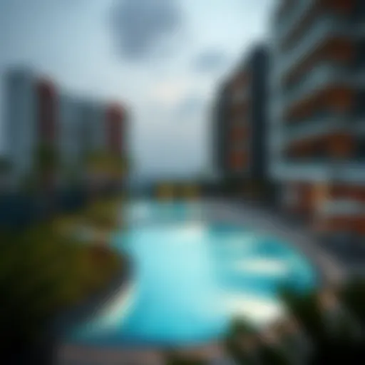 Luxurious swimming pool area surrounded by modern apartments