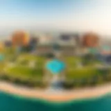 Aerial view of Yas Island showcasing green spaces and modern architecture