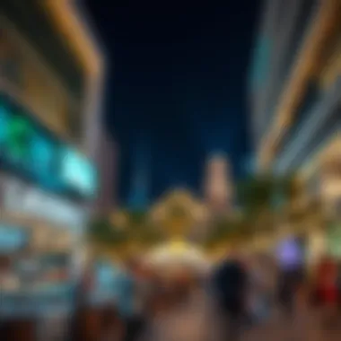 An outdoor view of a mall during an evening event showcasing social interactions