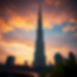 Majestic view of the Tower of Dubai against a sunset sky