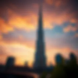 Majestic view of the Tower of Dubai against a sunset sky