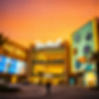 Exterior view of Yas Mall during sunset with illuminated signage