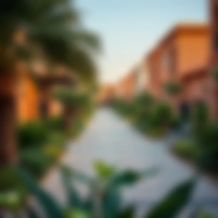 Vibrant community area in Jumeirah Village Circle with greenery