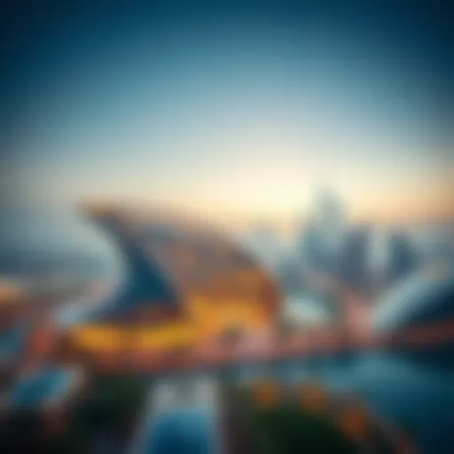 Aerial view of مول غاليريا showcasing its unique architectural structure against the Dubai skyline