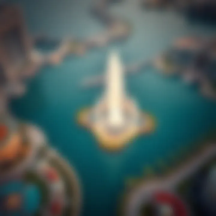 An aerial view of Palm Jumeirah highlighting the fountain's location