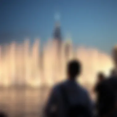 Visitors enjoying the Palm Jumeirah fountain show against the backdrop of Dubai skyline