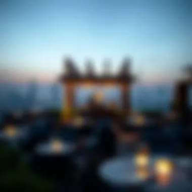 Serene Evening Scene at the Lounge A serene evening scene at the Rooftop Garden Lounge, illuminated by ambient lighting and showcasing the city skyline