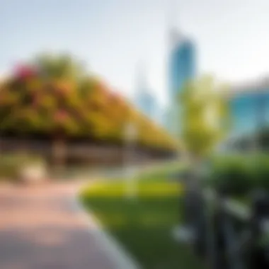 A serene pathway in The Dubai Mall Park, inviting visitors to explore the natural environment.
