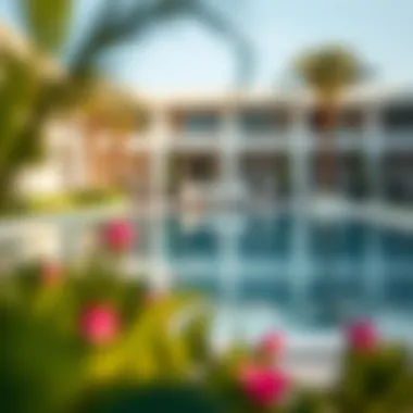 Serene outdoor pool area with lush landscaping