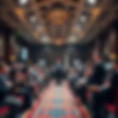 A vibrant auction room filled with eager bidders and auctioneers