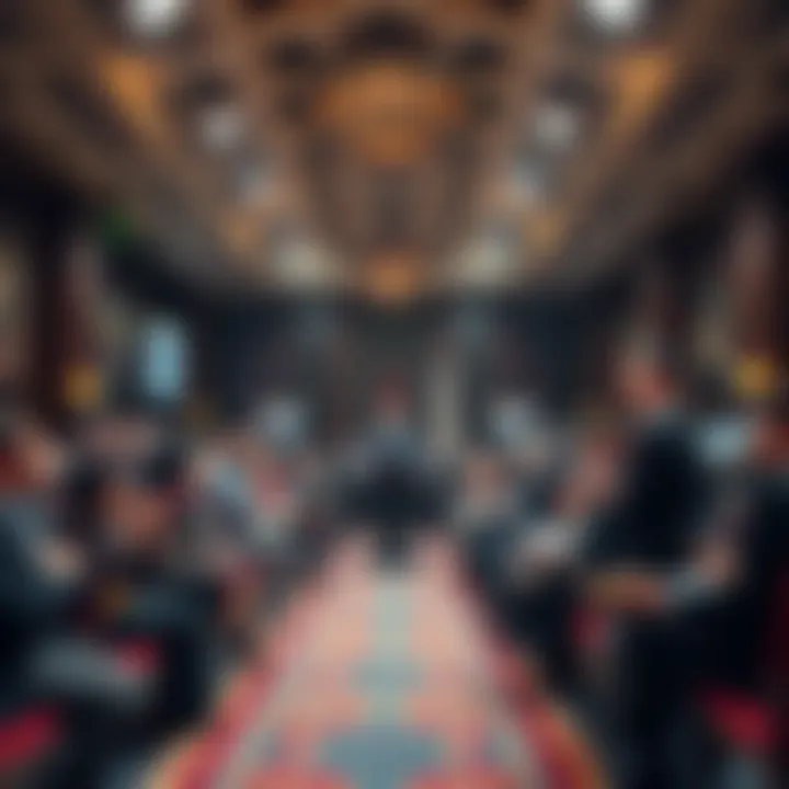 A vibrant auction room filled with eager bidders and auctioneers