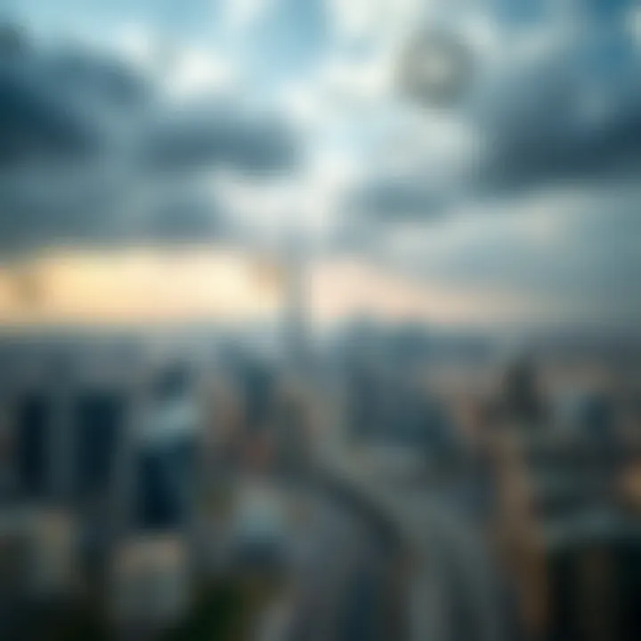 Dubai Skyline Under Varying Weather Conditions Aerial view of Dubai showcasing its skyline and climate