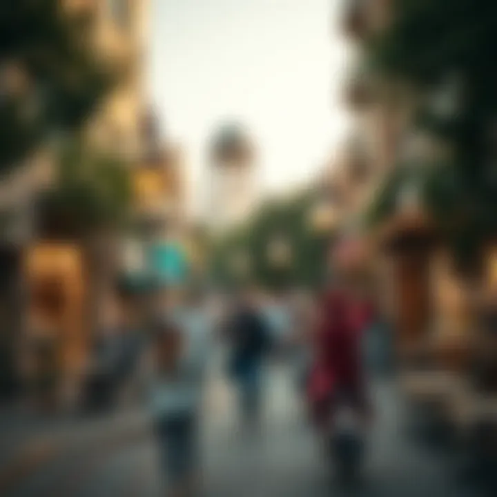 A busy street in Wasl District filled with shops and cafes, illustrating urban life.