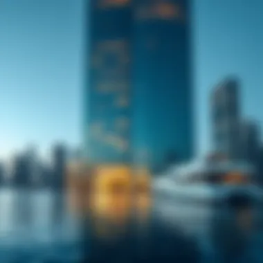 Stunning facade of Yacht Bay Tower reflecting the Dubai skyline